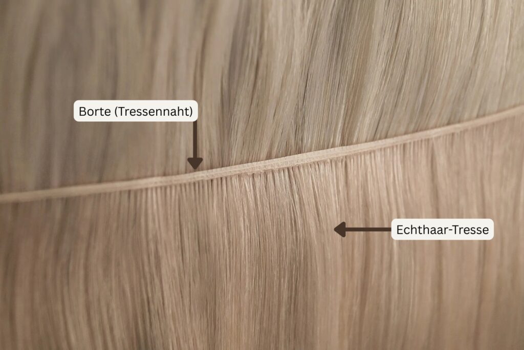 Tressen einnähen - Blonde premium Echthaar-Tresse - Borte (Weft) einer Tresse - So sieht eine Tressennaht bei einer Haarverlaengerung aus.