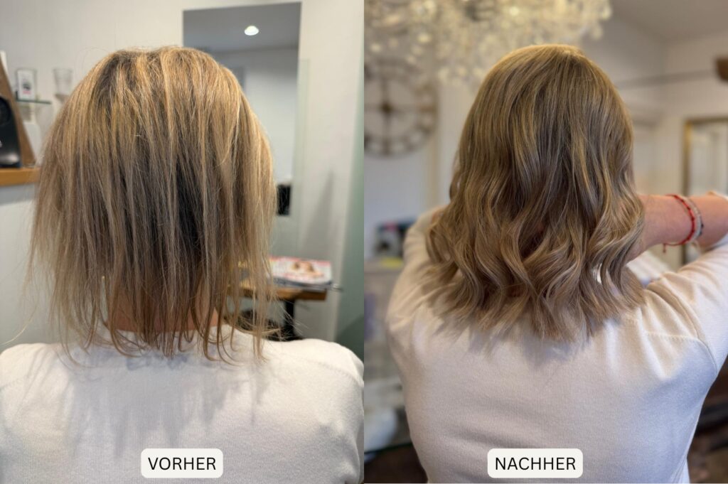 Haarverdichtung bei feinem Haar. Ein vorher und nachher Vergleich mit sichtbar mehr Volumen.